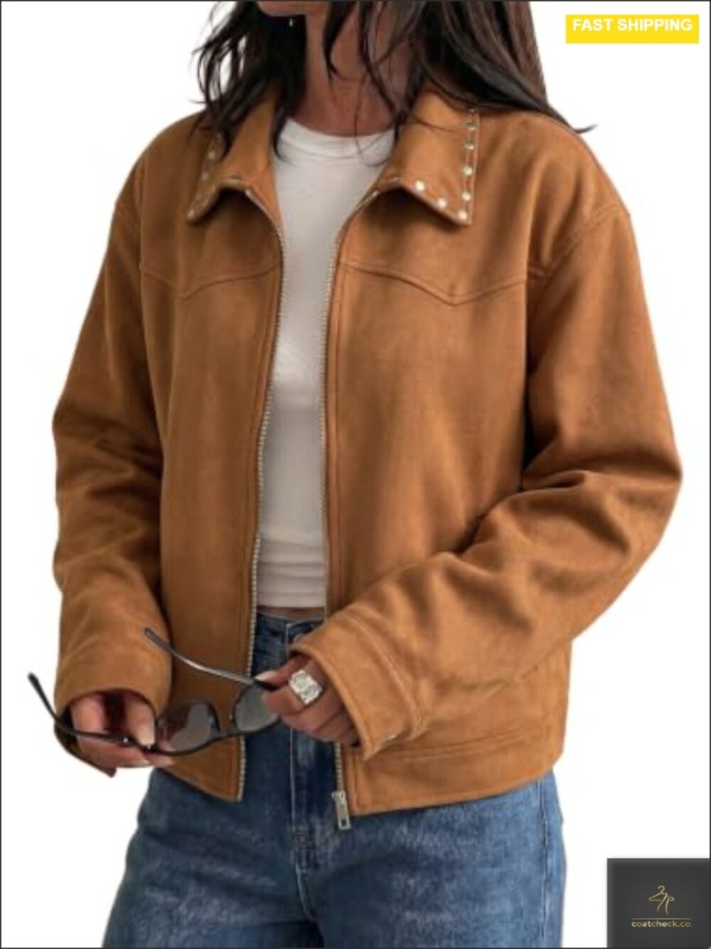 Studded Faux Suede Cropped Jacket Women Casual Zip Up Long Sleeve Fall Coat